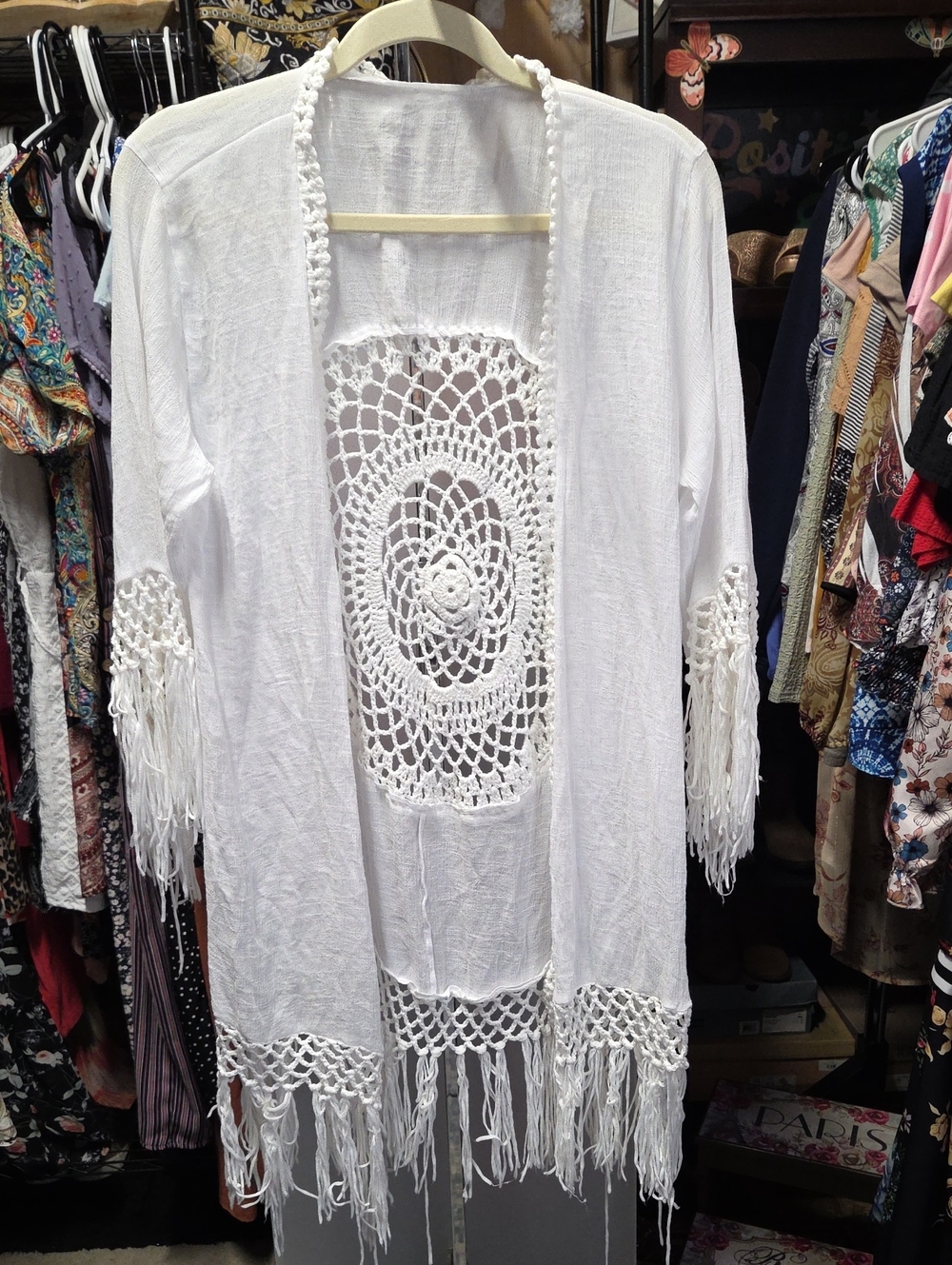 White Crochet Fringe Kimono Cover-Up